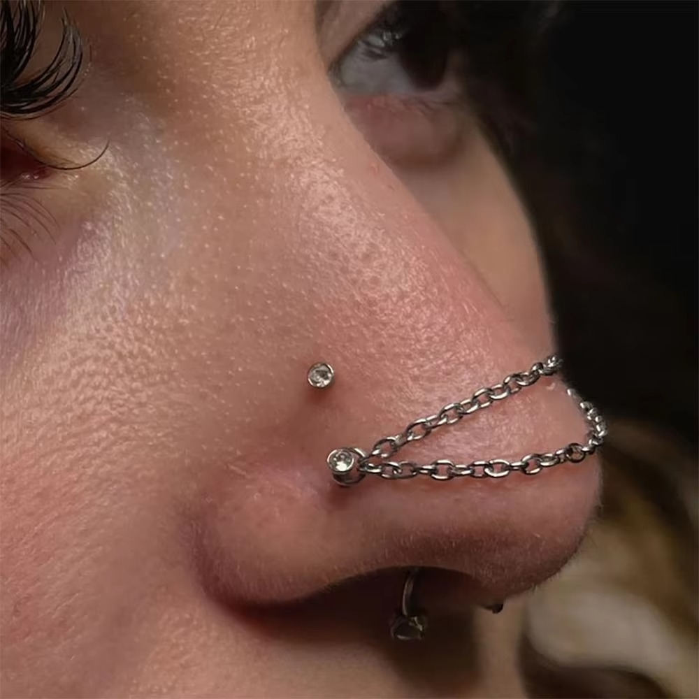 Body Jewelry And Piercing - Titanium Nose Chain Double Chain Three