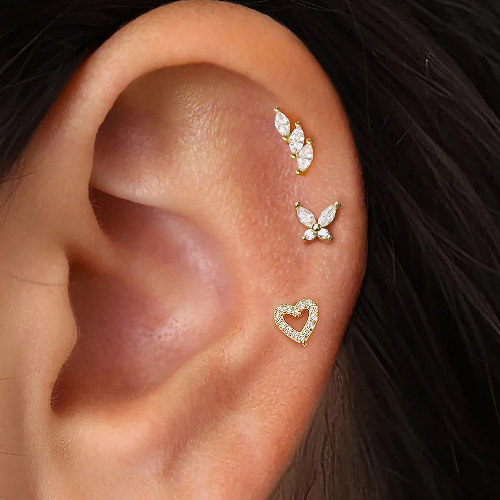 Body Jewelry Lot - 3PCS Gold Plated Heart Butterfly Stud